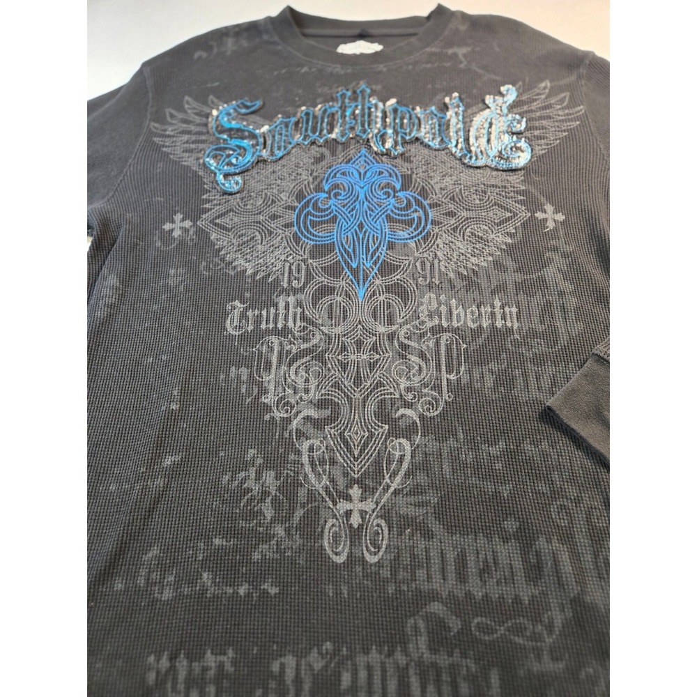 Southpole Mens XL Black Graphic Thermal Shirt Y2K Gothic Long Sleeve Waffle Knit - Picture 2 of 7